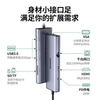 綠聯(lián)/UGREEN  15600 集線器 USB-C轉(zhuǎn)HDMI雷電3/4拓展塢轉(zhuǎn)換分線器網(wǎng)口轉(zhuǎn)接頭通用蘋果電腦MacBook Air華為筆記本ipadpro